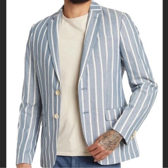 Scotch & Soda Men’s Herringbone Striped Blue Linen Blend Blazer Jacket Size XL - Picture 5 of 9